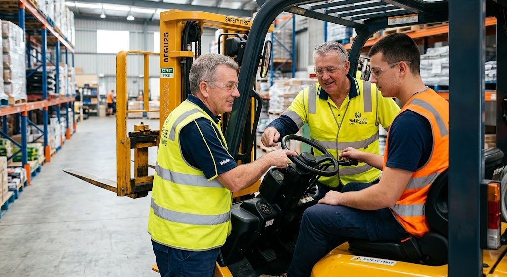 Instructor teaching hands-on forklift training to a student